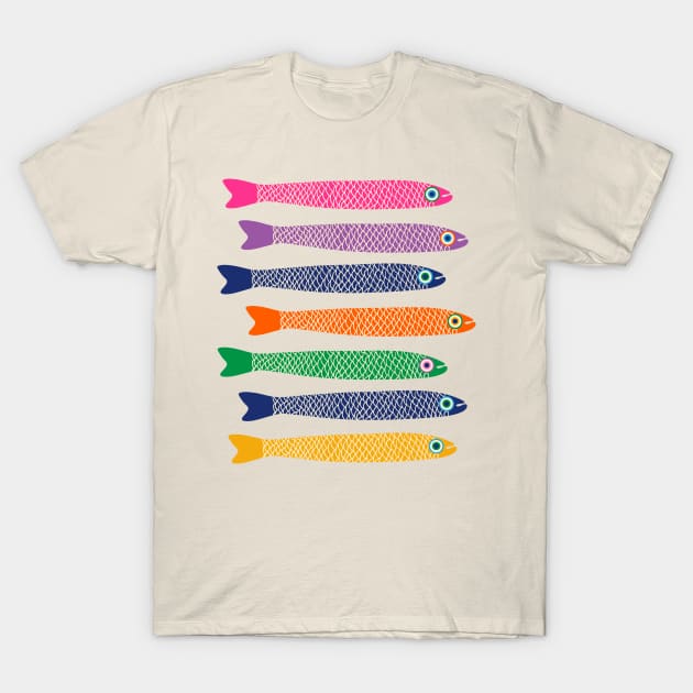 ANCHOVIES Bright Graphic Fun Groovy Fish in Rainbow Colors on Cream - Horizontal Layout - UnBlink Studio by Jackie Tahara T-Shirt by UnBlink Studio by Jackie Tahara